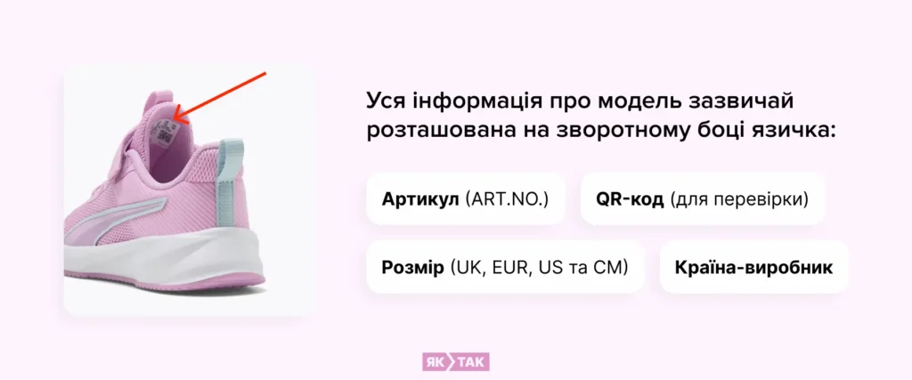 Де шукати інформацію про модель кросівок (на язичку)